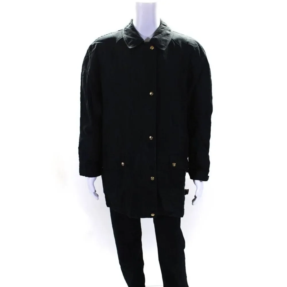 Burberrys Mens Quilted Collared Full Zip Snap Coat Jacket Black Size XL